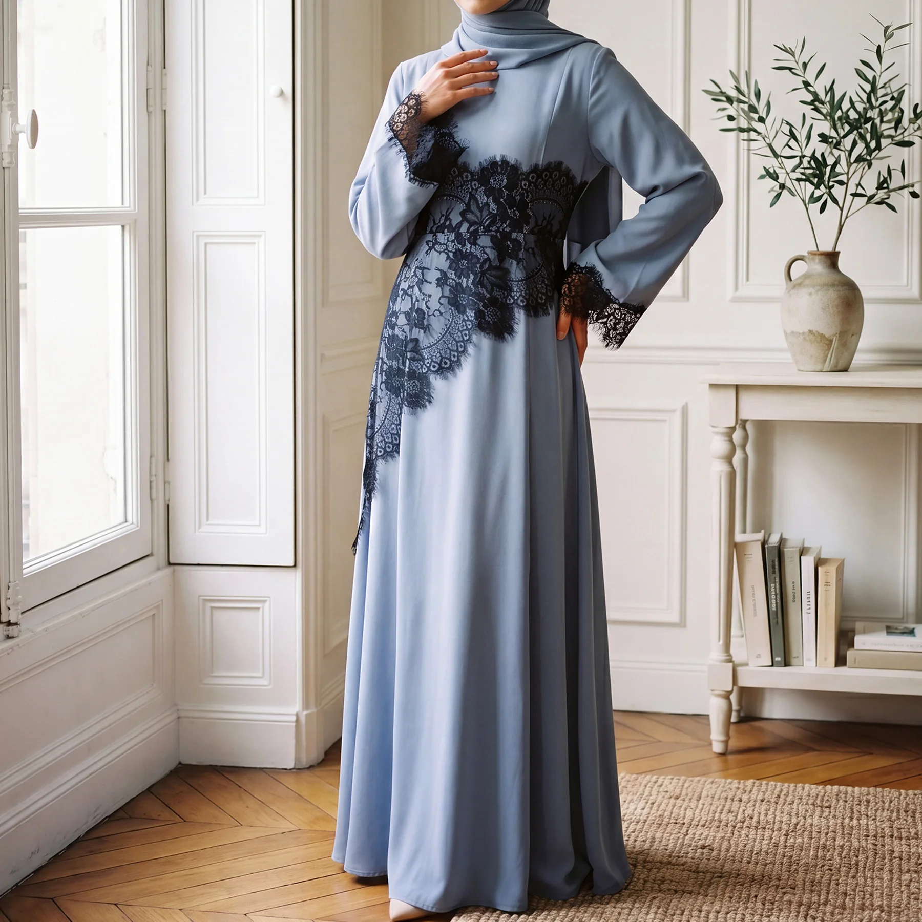 Summer Black Lace Overlay Feminine Modest Slim-Fit Muslimah Dress O-Neck Long Sleeves Hijabi Robe Ramadan Eid Islamic Clothes