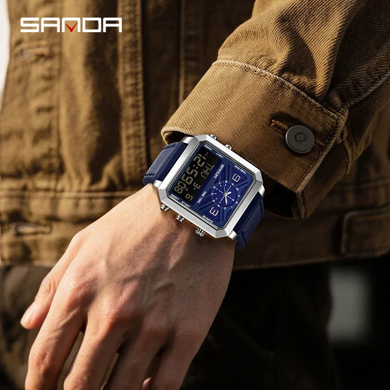 SANDA Business Sports Square Dual Display Men's Quartz Watch Waterproof LED Analog Digital Countdown Electronic Male Wristwatch
