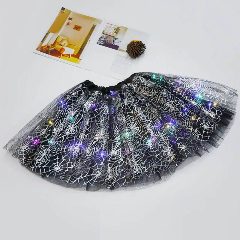 

Light Up Halloween Girls Tutu Witch Skirt Led Spider Web Tutus Layered Cobweb Wizard Tulle Skirt for Easter Costume Cosplay