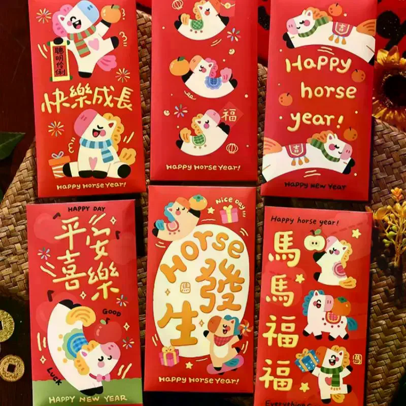 

6Pcs 2026 Horse Year Red Envelope Creative Spring Festival Kids Gift Lucky Money Envelopes Cartoon Pony Pattern Red Packet
