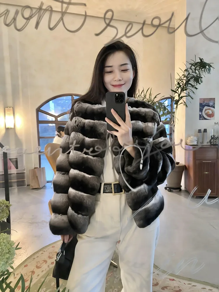 BFFUR Women Real Fur Coat Winter New Short Temperament Rex Rabbit Fur Coat  Round Neck Thick Warm Women Outerwear