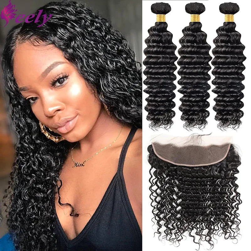 

Deep Wave Human Hair Bundles With Closure Brazilian 100% Unprocessed Human Hair Bundle 13X4 Lace Frontal Extension Natural Color