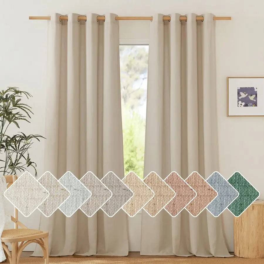 

Thick Linen Curtains Privacy with Light Filtering, Grommet Semi Sheer Not See Through Linen Blend Curtain Drapes Vintage amp Rus