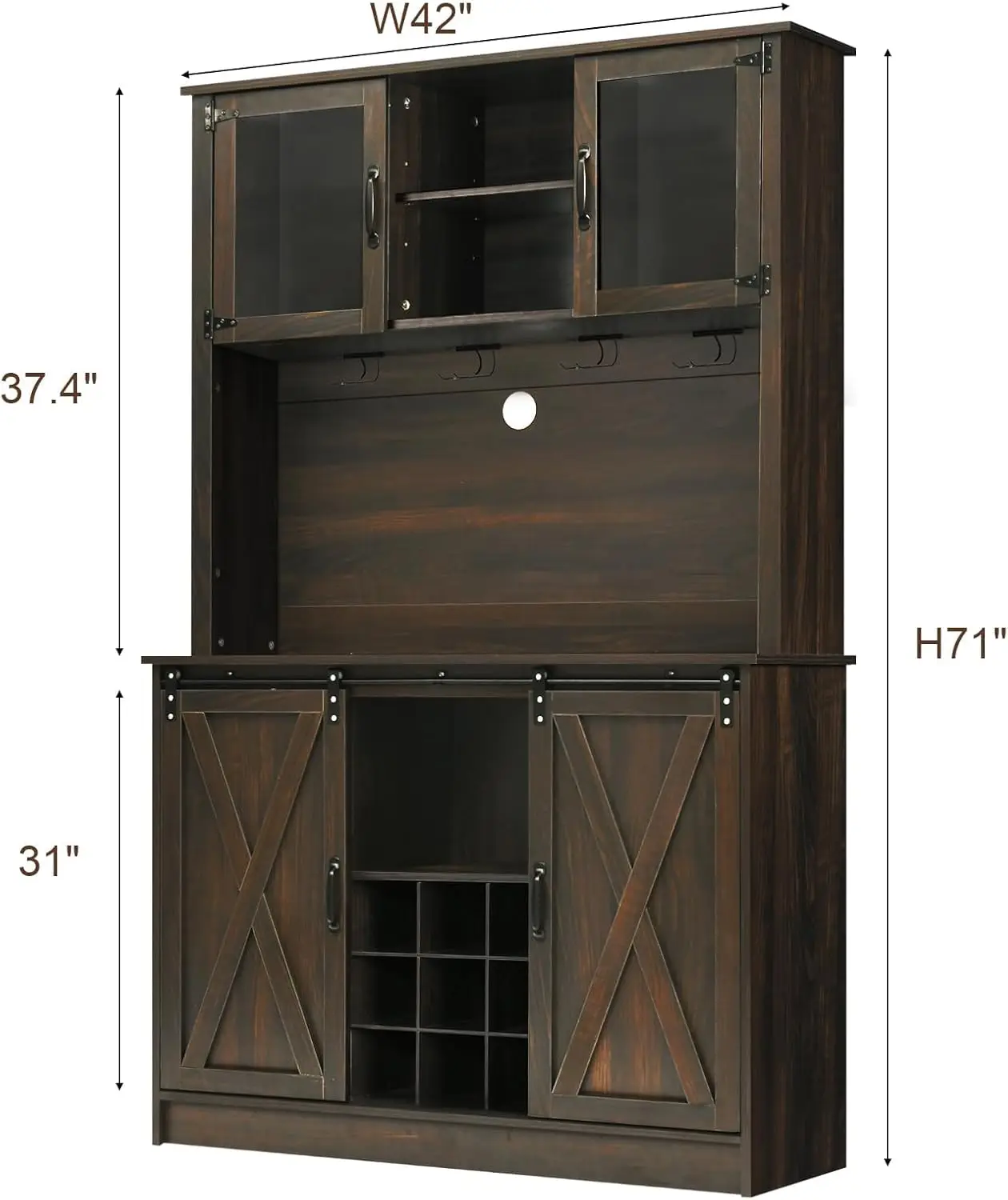 Coffee Bar Cabinet with 2 Glass Doors & 9 Wine Racks, Tall Hutch Cabinet with Storage, Wine Bar Cabinet with 4 Row Metal Glass