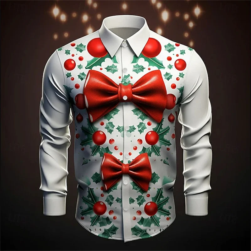 

Men's Christmas Outfits: Faux Collar Suit Design, Tie, Shirt, Long Sleeve, Fun Holiday Autumn/Winter Lapel 3D Print Shirt