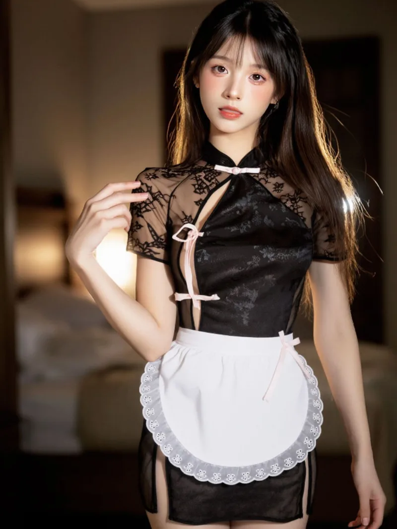 Sexy Dress Lace Uniform Passion Cosplay Maid Pure Desire Hollow Out Flirting Battle Dress Transparent Short Sleeved Elegant UK33