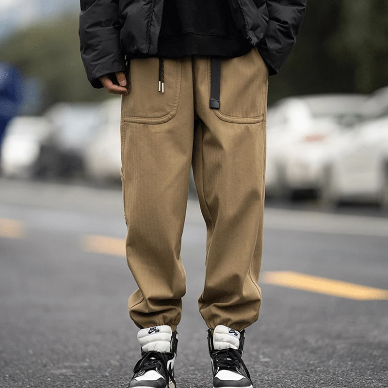 

autumn Winter new Solid color fashion Elastic waist cargo trousers man High street Casual Loose Pockets thicken cotton sweatpant