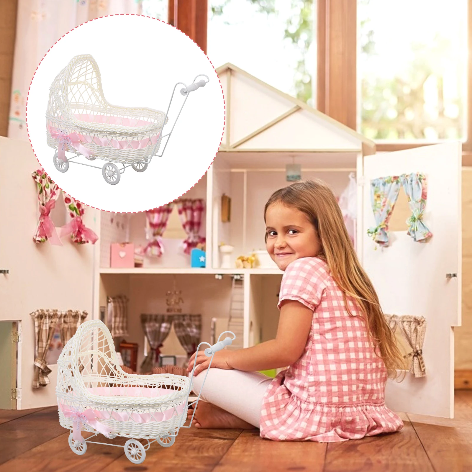 

Flower Arrangement Imitation Rattan Stroller Basket Baby Woven Wicker Baskets Pp Shower Storage