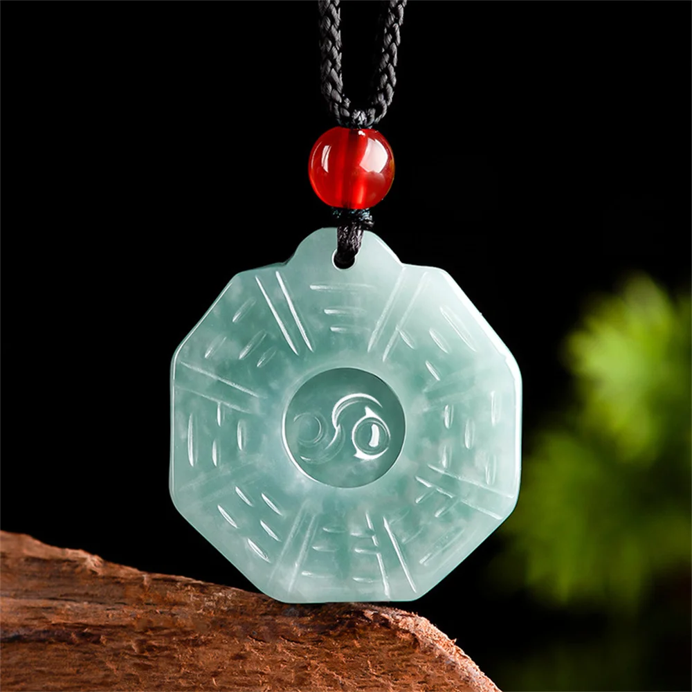 

Trendy Natural Green Jadeite Carved Chinese Small BaGua Lucky Pendant Amulet Necklace Certified Charm Vintage Fine Jewelry Gift