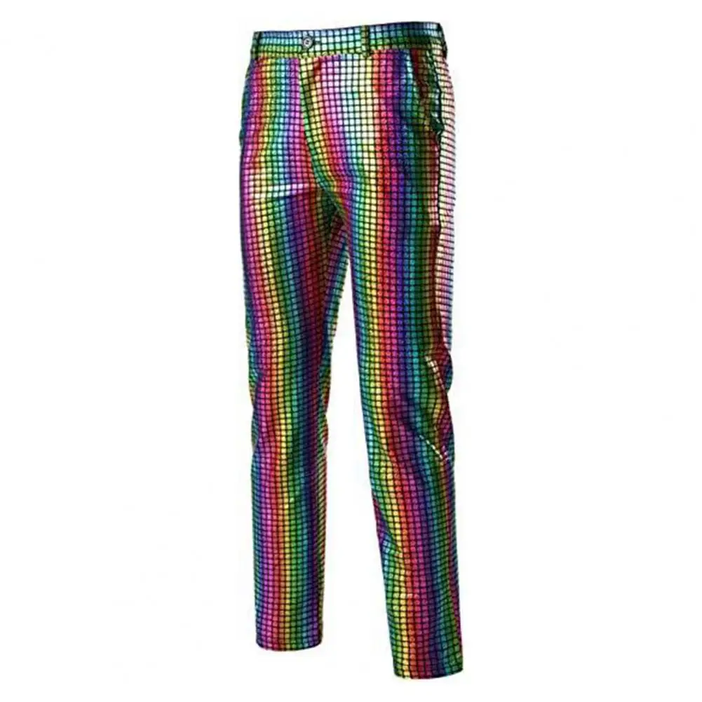 Men's Pants Rainbow Sequin Disco Nightclub DJ Stage Men's Pants Trousers Stylish Casual Pants Plaid Sequin Trousers For Men