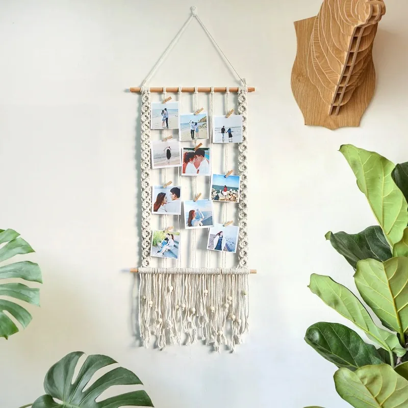 1/2pcs Boho Braided Wall Tapestry Photo Hanging Holder Wooden Clips Picture Display Rack Room Aesthetic Decor