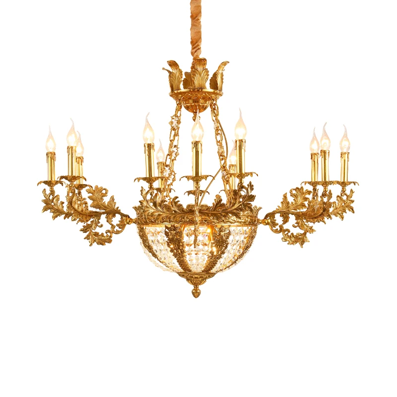 

French Rococo Antique Brass Crystal Chandelier Villa Dome Living Dinning Room Bedroom Lamp European Style Copper Pendant Light