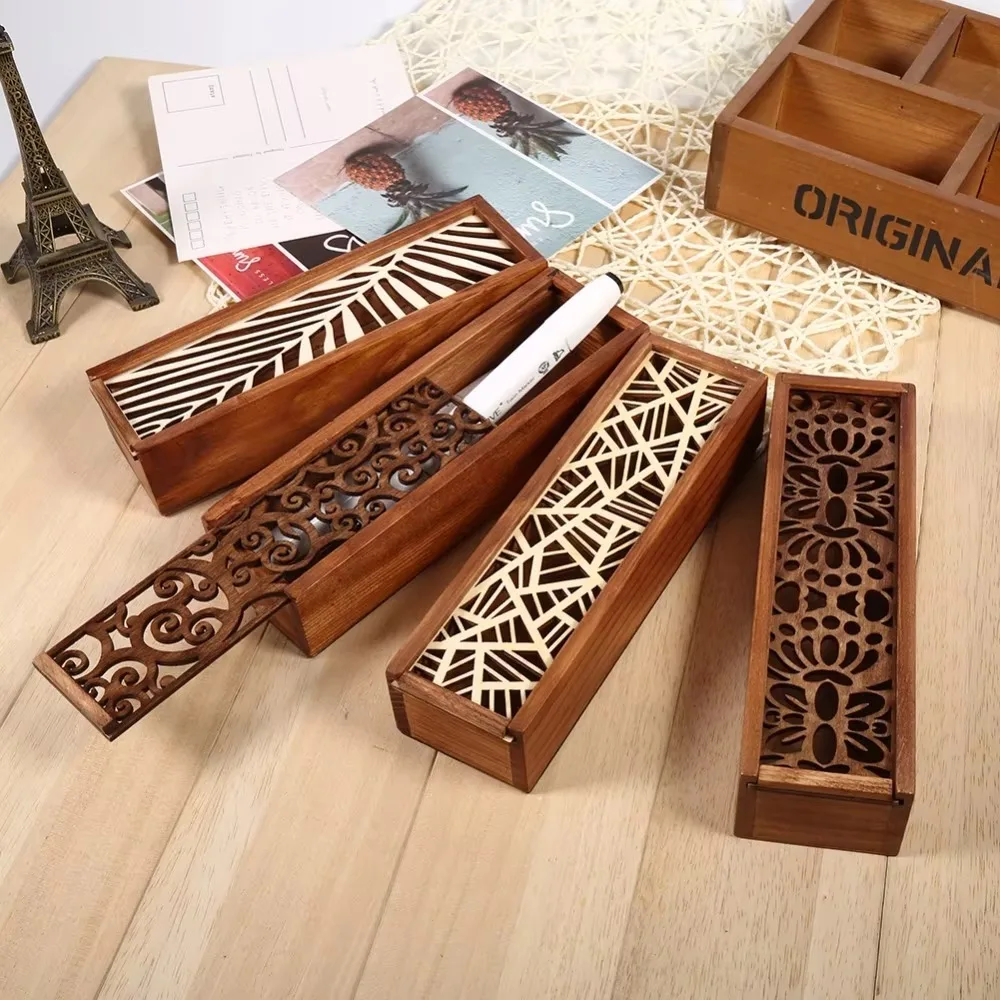 High Quality Portable Wooden Pencil Box Retro Hollow Stationery Box Multifunctional Durable Pencil Case Desk Storage Accessories