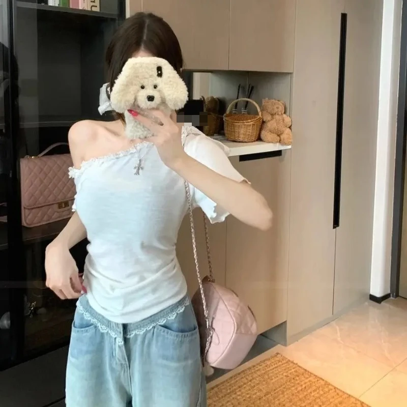 

Wind Pure Desire Slant Shoulder Short Sleeve T-Shirt Women Summer Lace Tie Versatile Top Q93