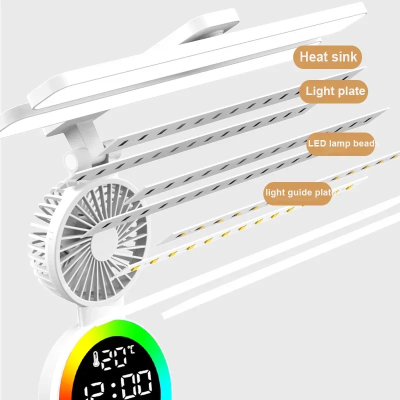 LED Clock Table Lamp, USB Chargeable, Dimmable Desk Lamp, 2 Cabeças, 180 Girar, Dobrável, Proteção para os Olhos, Leitura, NightLight, 3200mAh