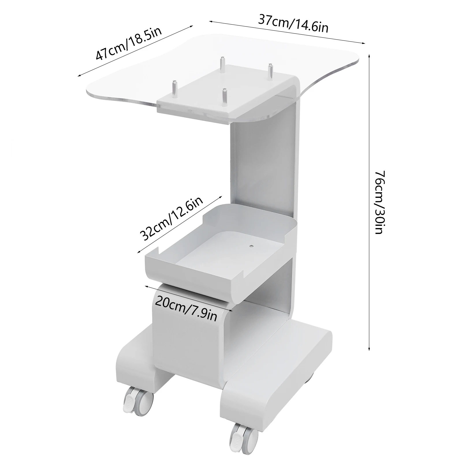 Table d\'équipement mobile avec panneau de verre, panier de rangement blanc, chariot de salon de beauté, chariot de positionnement, cosmétique