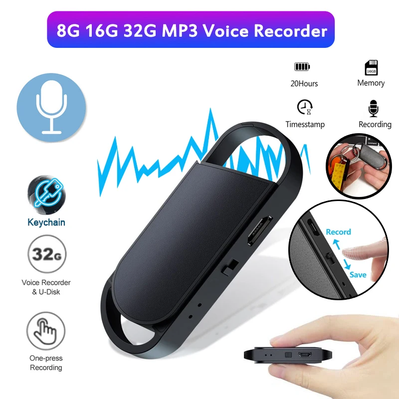 Keychain 32GB USB Voice Activated Recorder Mini Dictaphone Professional Sound Recording MP3 Flash Drive Digital Audio Record