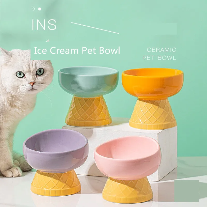

Cute Ceramic Cat Bowl Ice Cream Shape New High Foot Dogs Puppy Feeder Feeding Food Water Pet Supplies Cat Food Bowl
