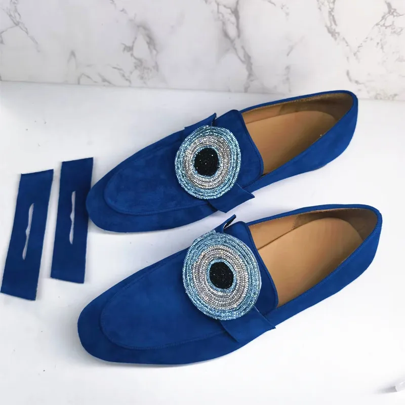 SHOOEGLE Suede Handmade Crystal Detachable Decoration Men's Loafers Office Business Dress Wedding Shoes Men Casual Single Shoes