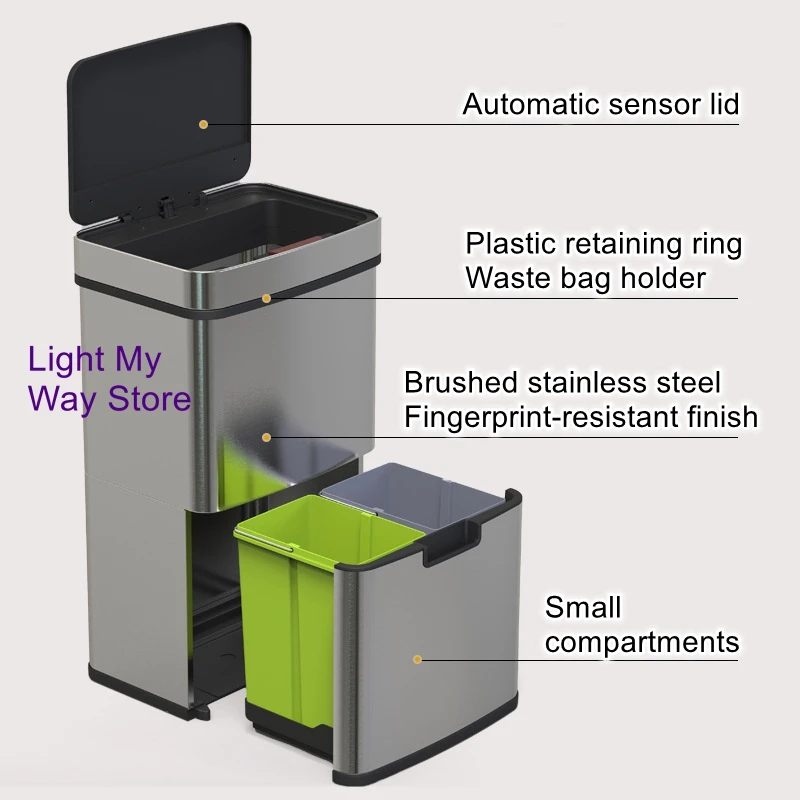 

Smart Infrared-Sensor-Activated Recycling Bin: Large-Capacity Stainless Steel Dry/Wet Separation Bin with Lid and Wheels