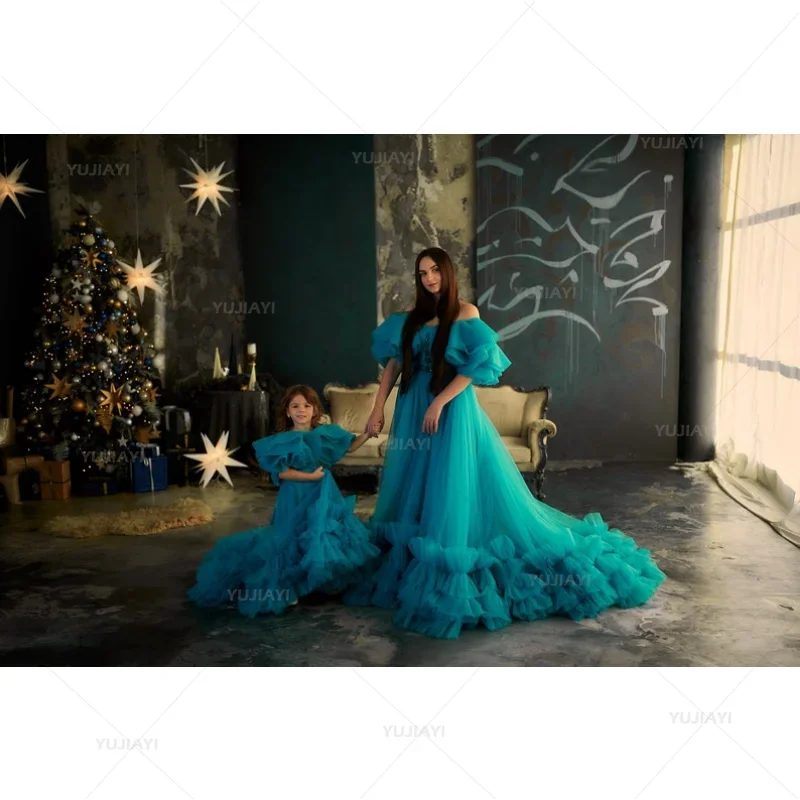 Blue Puffy Tulle Gown Mother and Daughter Matching Dresses Cap Sleeves Long Train Mommy and Me Family Look Photo Shoot Dress