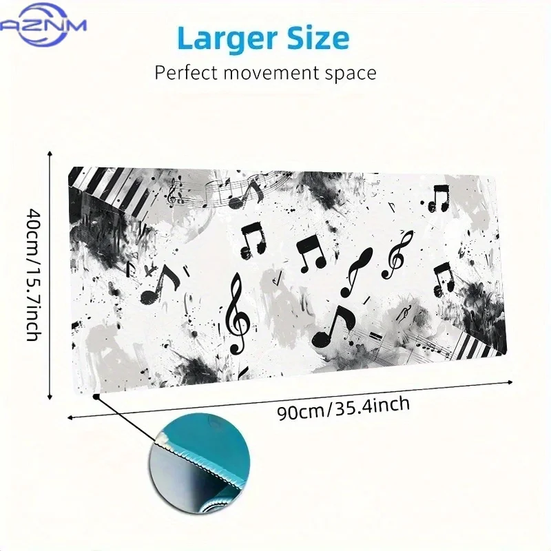 Large Music Note & Piano Keyboard Mouse Pad - Black and White Staff Design, Polyester Fabric, Perfect for Office, Gaming, or Mus