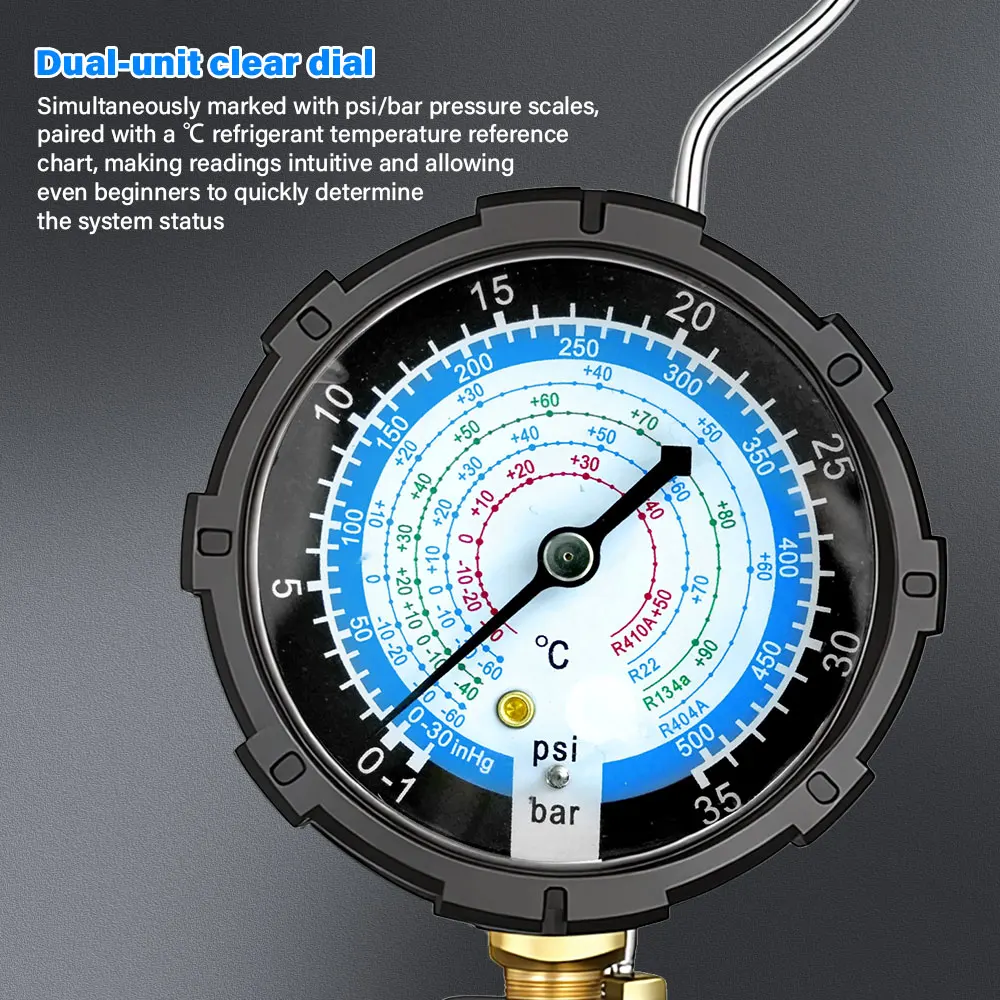 NEUES Einzel-Manometer, Klimaanlagen-Manometer mit klarer Skala, passend für Kältemittel R410A R22 R134A R404A – Detail 12