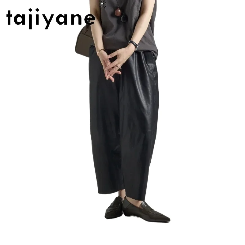 TAJIYANE Ultra-thin Sheepskin Genuine Leather Pants Black Cropped Trousers for Woman Wide Leg Pants Woman Loose Pantalones 바지