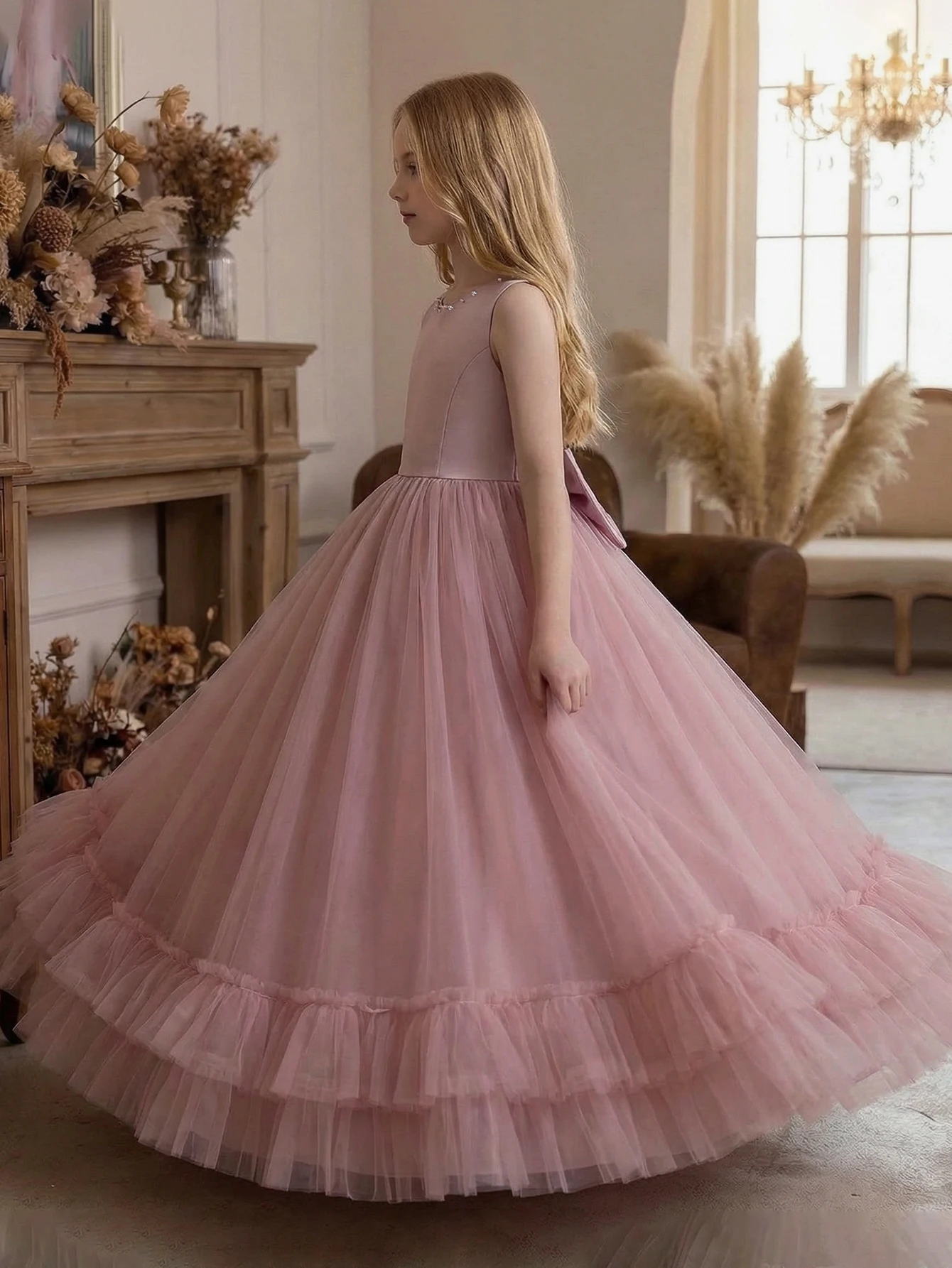 Teen Girl Partywear Net Fabric Pink Dress V-neck Backless Evening Gown with Large Bow,Princess Dress,Birthday Party,Wedding Gown