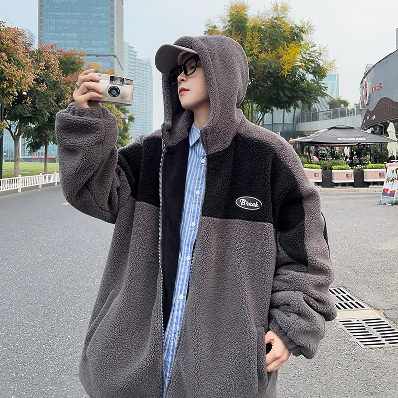 

Мужская зимняя теплая повседневная куртка из утолщенного хлопка с подкладкой из овечьей шерсти, в американском ретро-стиле, с цветными вставками, для подростков, из овечьего бархата.