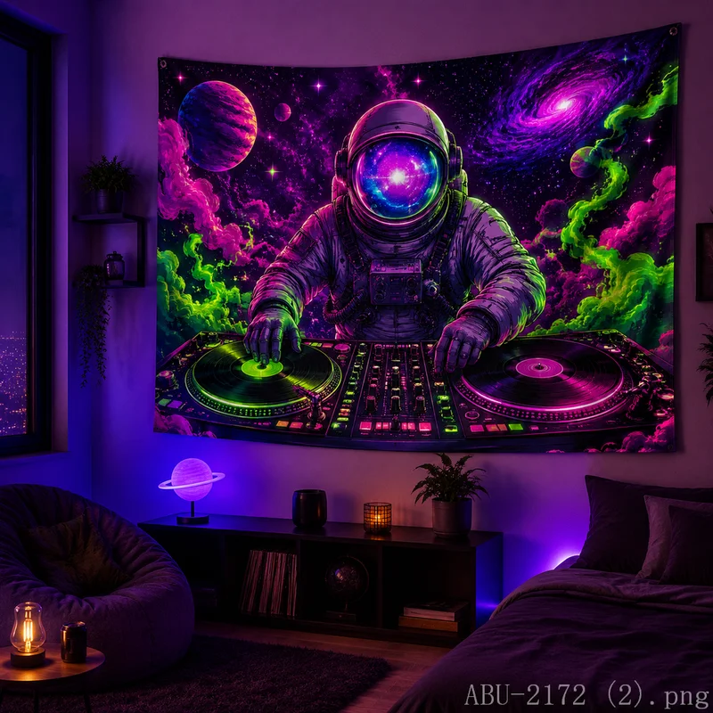 VIKAMA Psychedelic DJ Astronaut Tapestry Purple Green Cosmic Nebula Planet Wall Hanging Decor for Bedroom Gaming Dorm Room