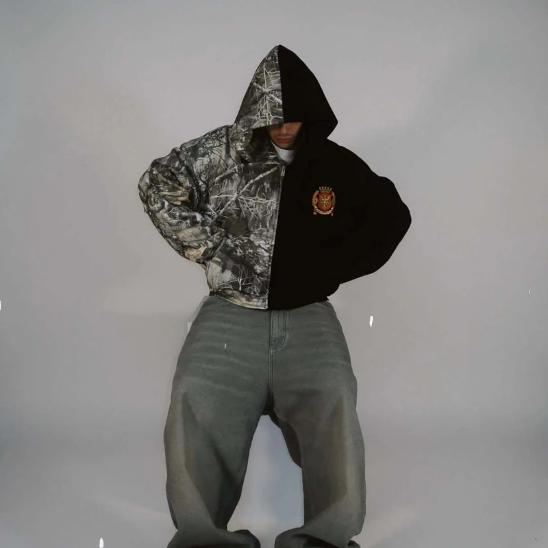 2025 Y2K Street Trendy Pants Set American Leaf Print Splicing Hoodie Loose Hoodie Ins