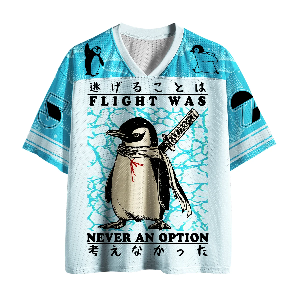 Japanischer Fun Hero Warrior Penguin 3D-gedruckter, lockerer, atmungsaktiver Kurzarmshirt mit V-Ausschnitt für Herren und Damen – Detail 4