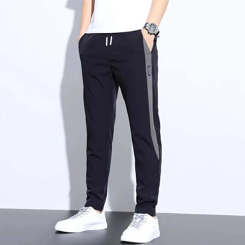 

Men's Summer Thin Ice Silk Qui Dry Sports Pants Wide Leg Loose Fit Trousers Trendy Youth Casual Low Waist Long Trousers