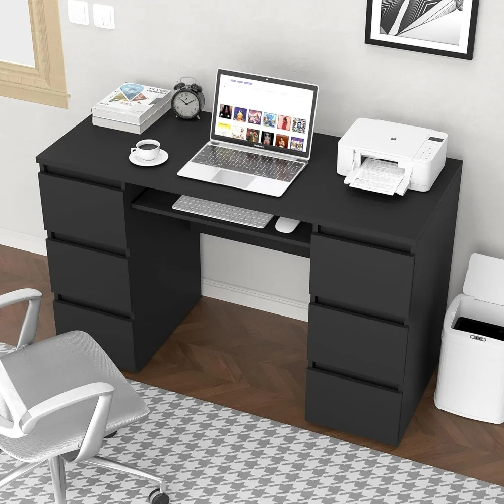 "Escritorio para juegos moderno negro con cajones de almacenamiento y estantes para dormitorio y estudio"