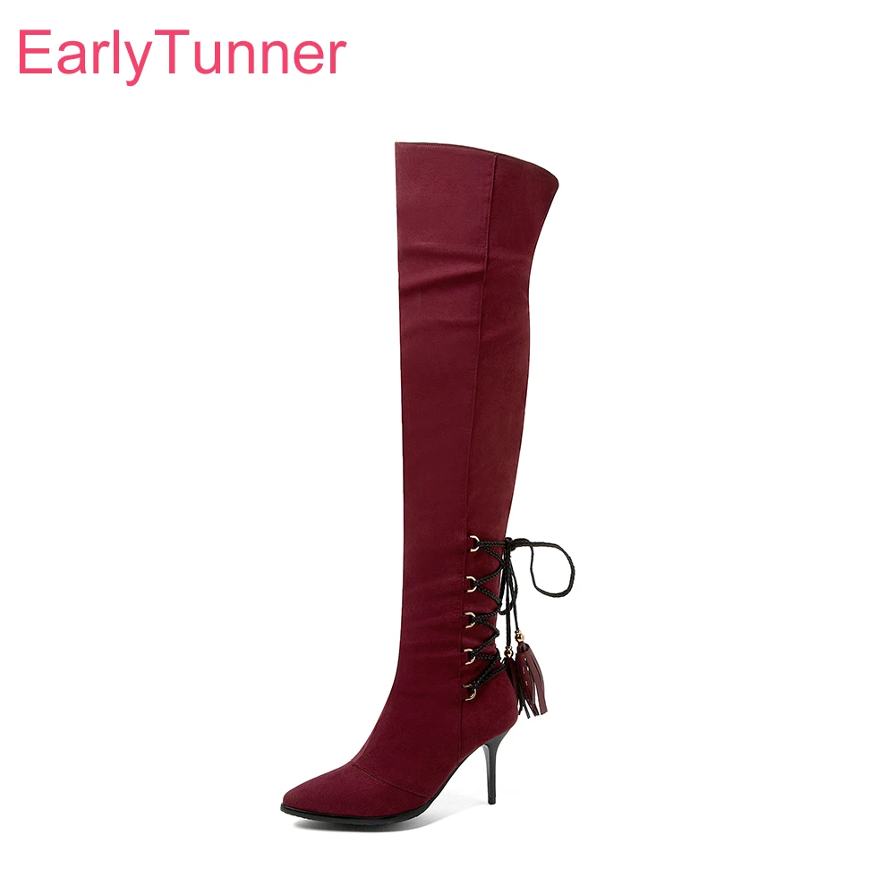 

2025 New Winter Fashion Black Wine Red Women Thigh High Boots High Stiletto Heels Lady Shoes Plus Big Small Size 11 32 45 48