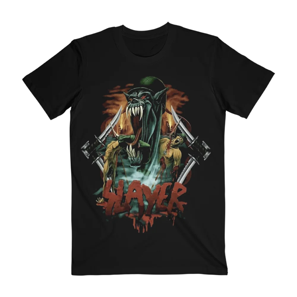 Slayer Dark Themed Graphic T-Shirt – Red Logo & Skull/Eagle Anti-Symbol Print Cotton Apparel for Thrash Metal Fans