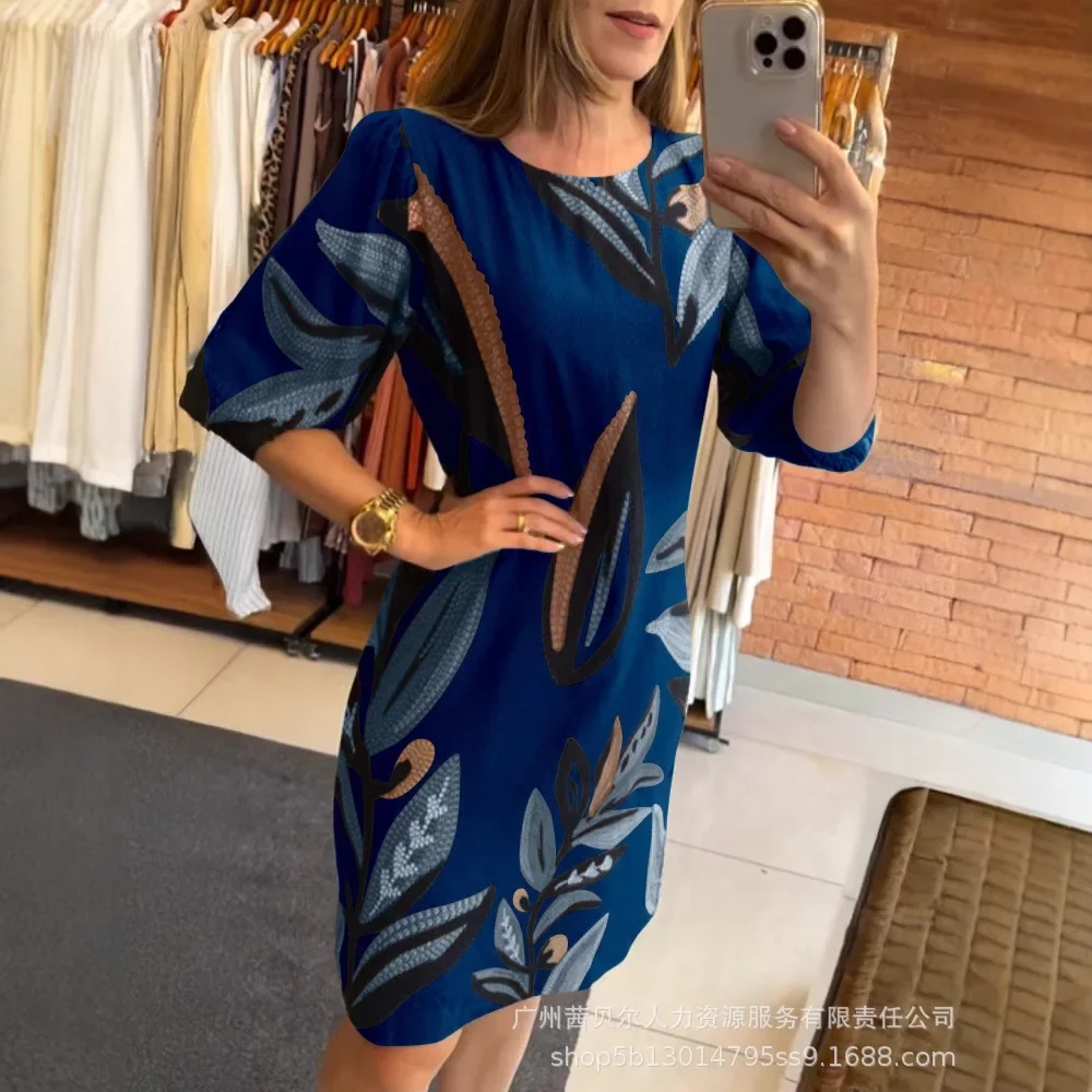 Print ronde hals halve mouw dames zomer hoge taille planten midi-jurk sexy jurk