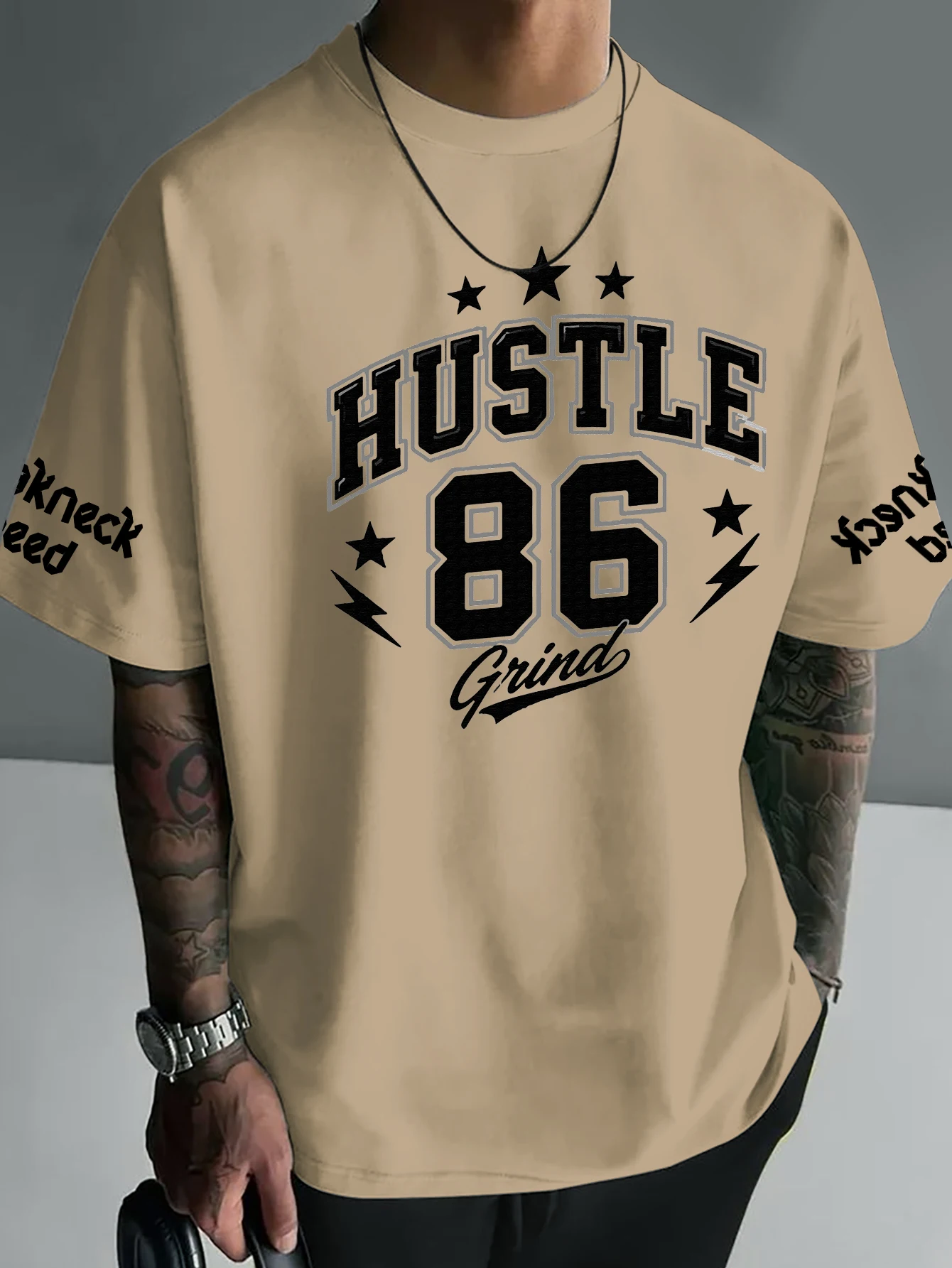 Men Oversized Hustle 86 Sleeve Print T-shirt 100% Polyester Varsity Motivational Loose Unisex Summer Casual Top