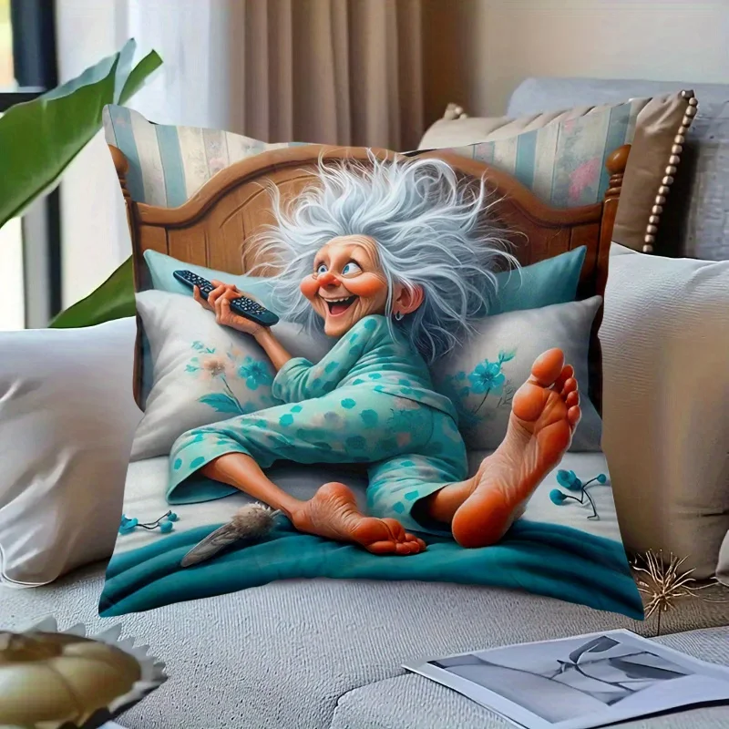 1pc Funny Lazy Grandma Print Throw Pillow Cover,Suitable for Sofa,Bedroom,Living Room,A Humorous Gift for Best Friends