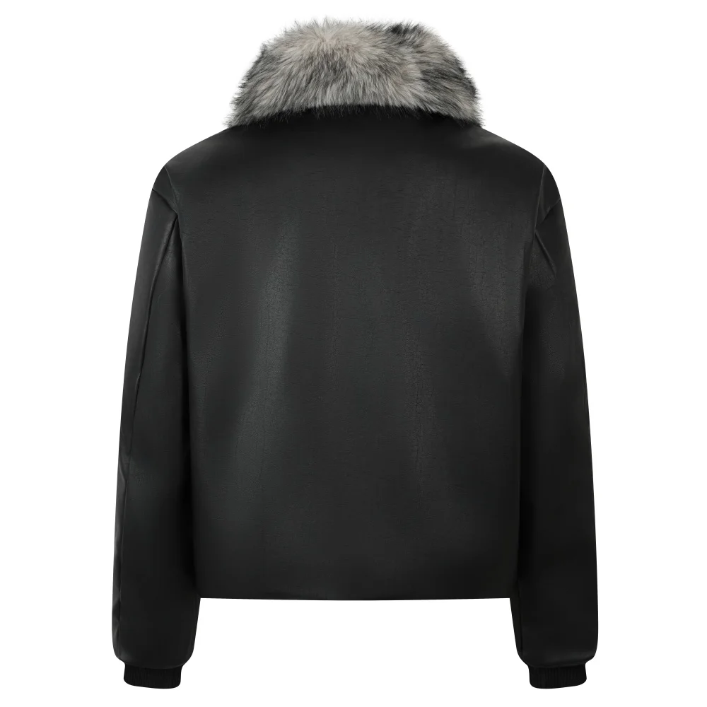 Jaqueta de couro feminina com gola de pele destacável preto moda feminina casaco de pele sintética estofamento de alta qualidade roupas de inverno mulher