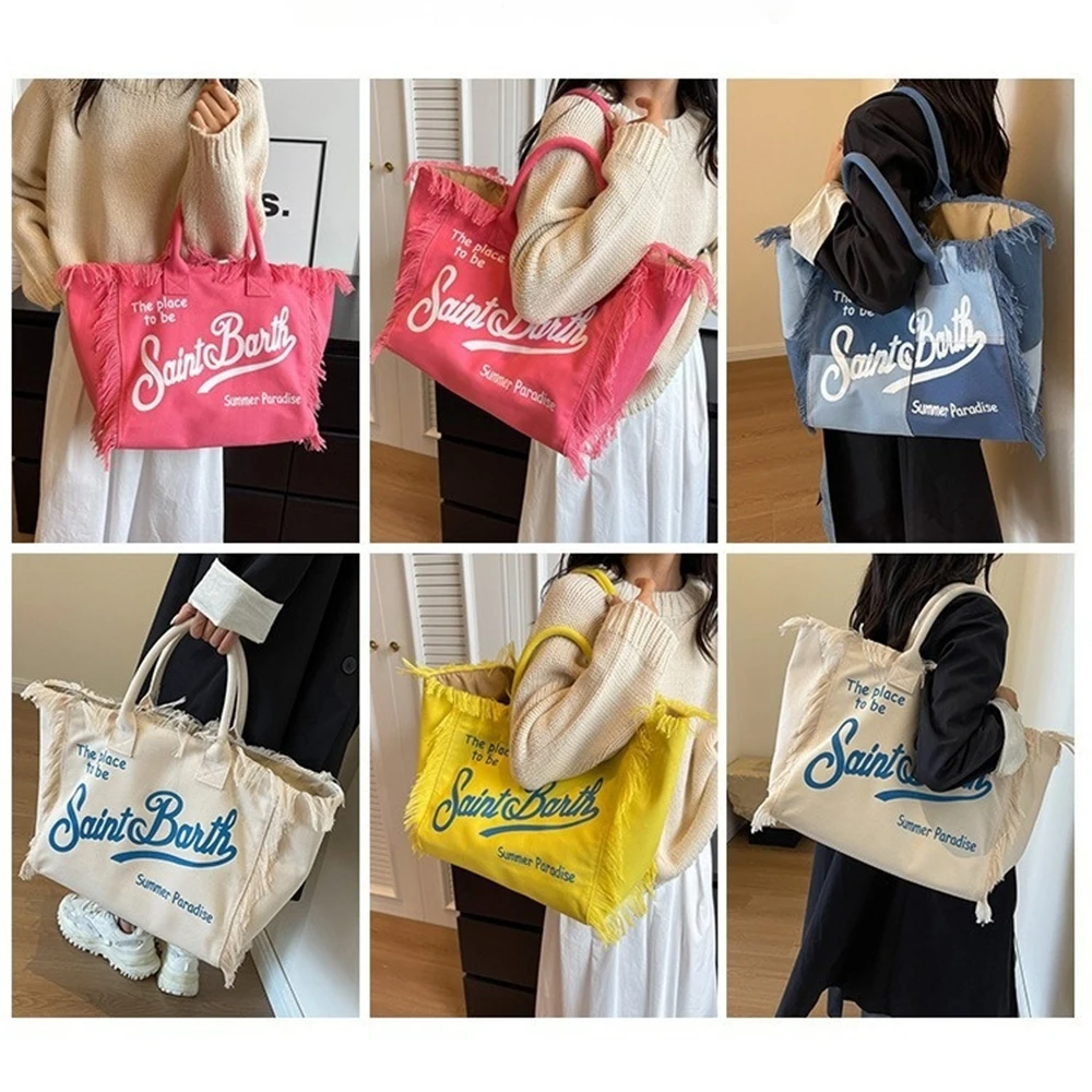 

2025 New Euro-American Beach Large Capacity Shoulder Bag - Handmade Tassel Denim Print Tote for Commuting lady girl gift