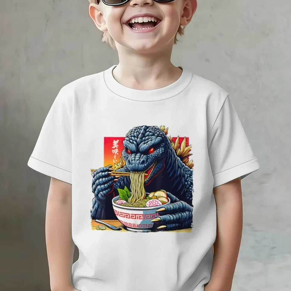 Funny Monster Noodle Print T-shirt Vintage Anime Tee Kids Short Sleeve Cotton T-shirt Girl Boy Summer Top Baby Boys T-shirts