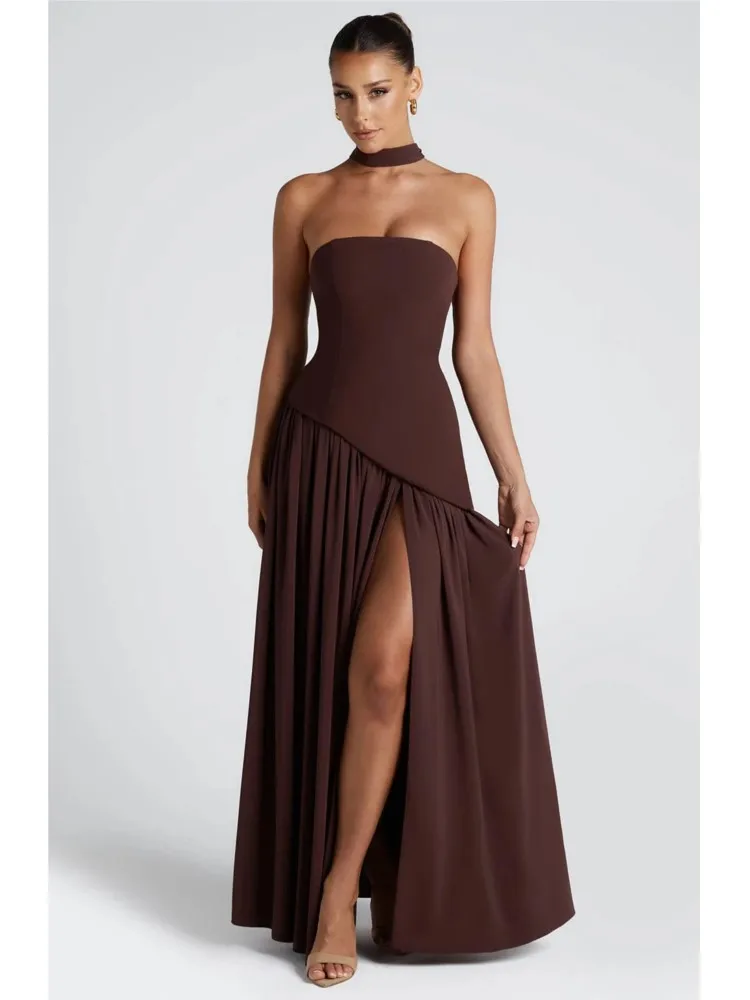 الصلبة اللون الشق اللباس المرأة أنبوب الأعلى أزياء مثير عارية الذراعين Strappy عالية الشق الربيع الصيف فستان طويل فساتين الحفلات الأنيقة #1