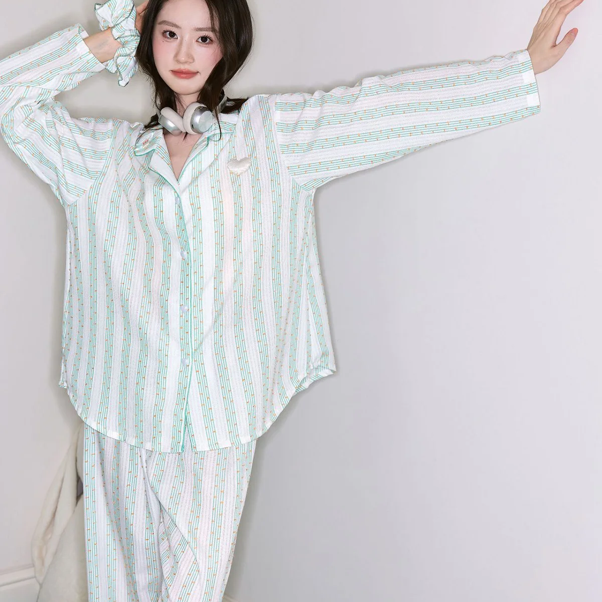 girls-spring-autumn-french-silk-women's-long-sleeve-home-clothes-satin-stripe-gentle-contrasting-color-princess-nightwear