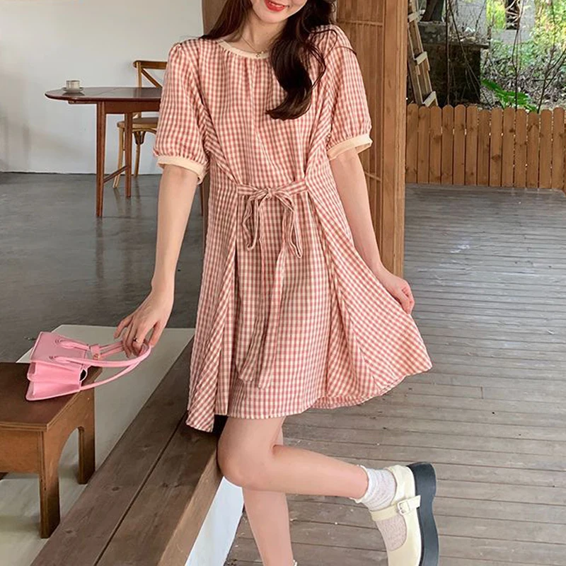 Women Vintage Plaid Print Lace Up Sweet Kawaii Y2K Mini Dress 2024 Summer Female Trendy Casual Short Sleeve Loose Beach Dresses