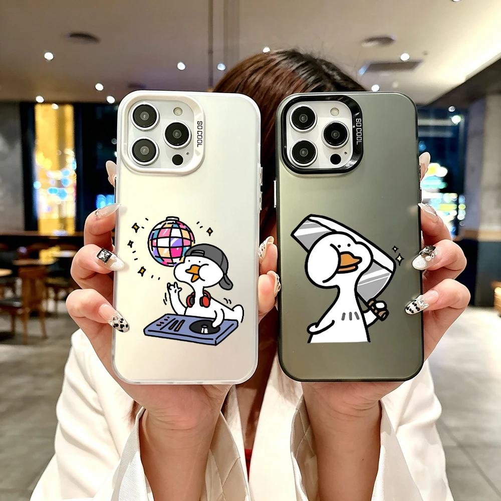 Серебристый чехол IMD для iPhone 17 Air, 16 Plus, 16E, 13 MINI, 15, 14, 12, 11 Pro MAX, 7, 8, SE, XR с забавным милым дизайном DJ Duck Couple