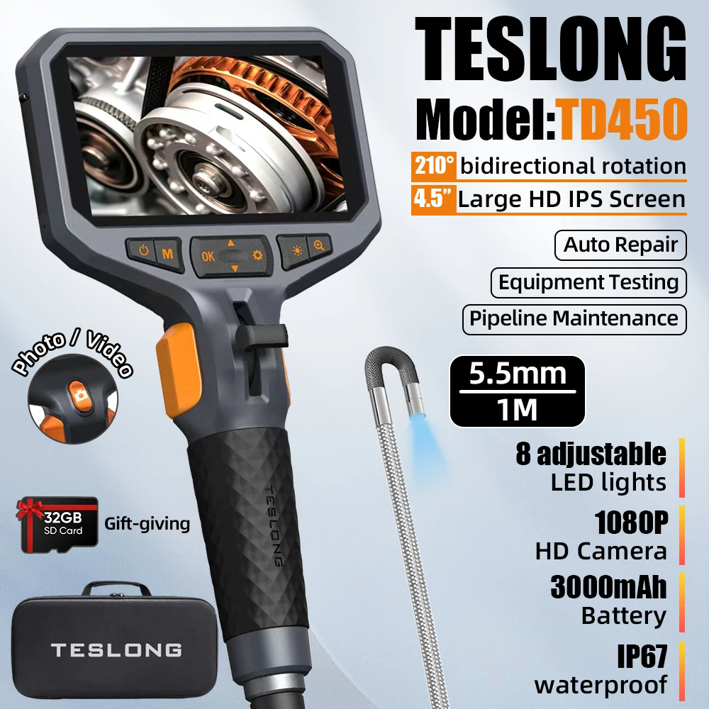 TESLONG TD450S 5.5MM Lens 4.5 Inch Screen Two Way 210° Articulating Automotive Endoscope Camera 1m Stainless Steel Tube 32GB