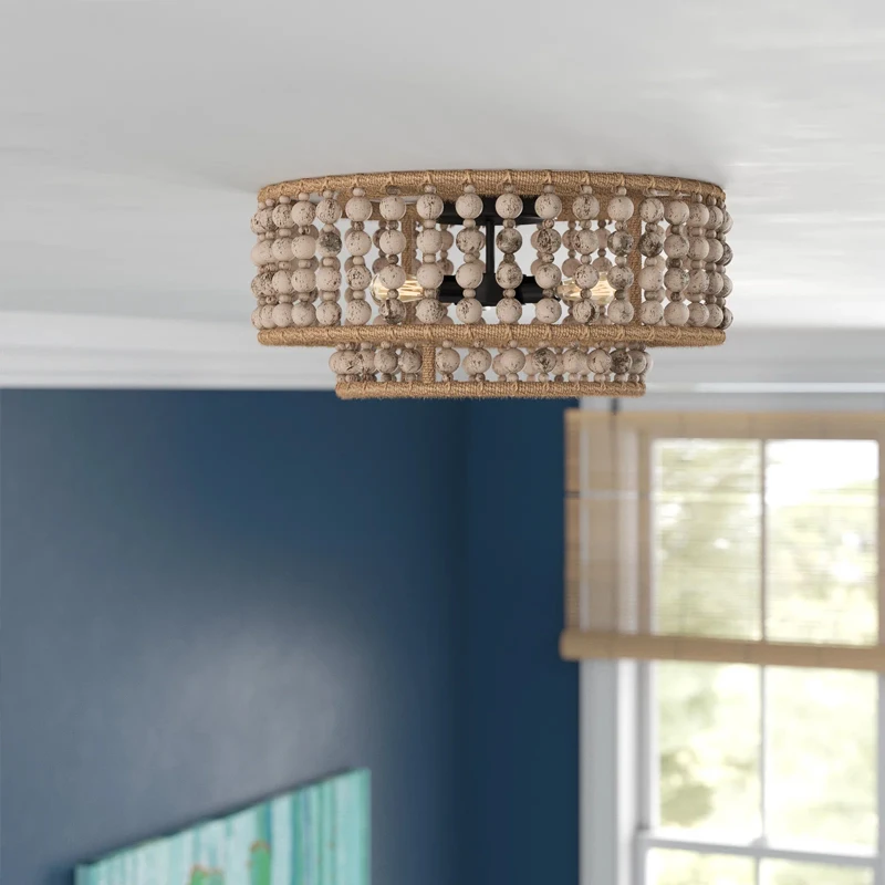 Bedroom dining room with 3 lights wooden beaded recessed ceiling lamp retro round hemp rope chandelier lamp