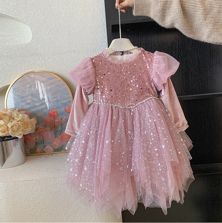 Retail New Baby Girls Winter Boutique Fleece Pink Sequined Mesh Dress, Princess Kids Elegant Party Birthday Dress 2-7T